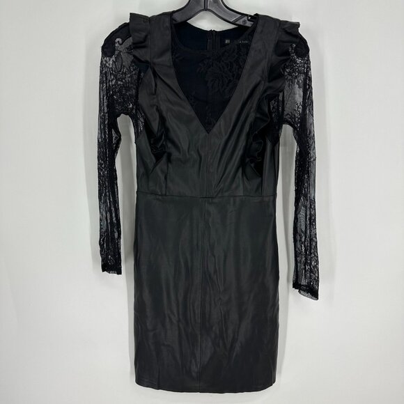 Zara Faux Leather Dress Lace Ruffle Mini Cocktail Sheath Black Sheer Long Sleeve - Picture 1 of 9